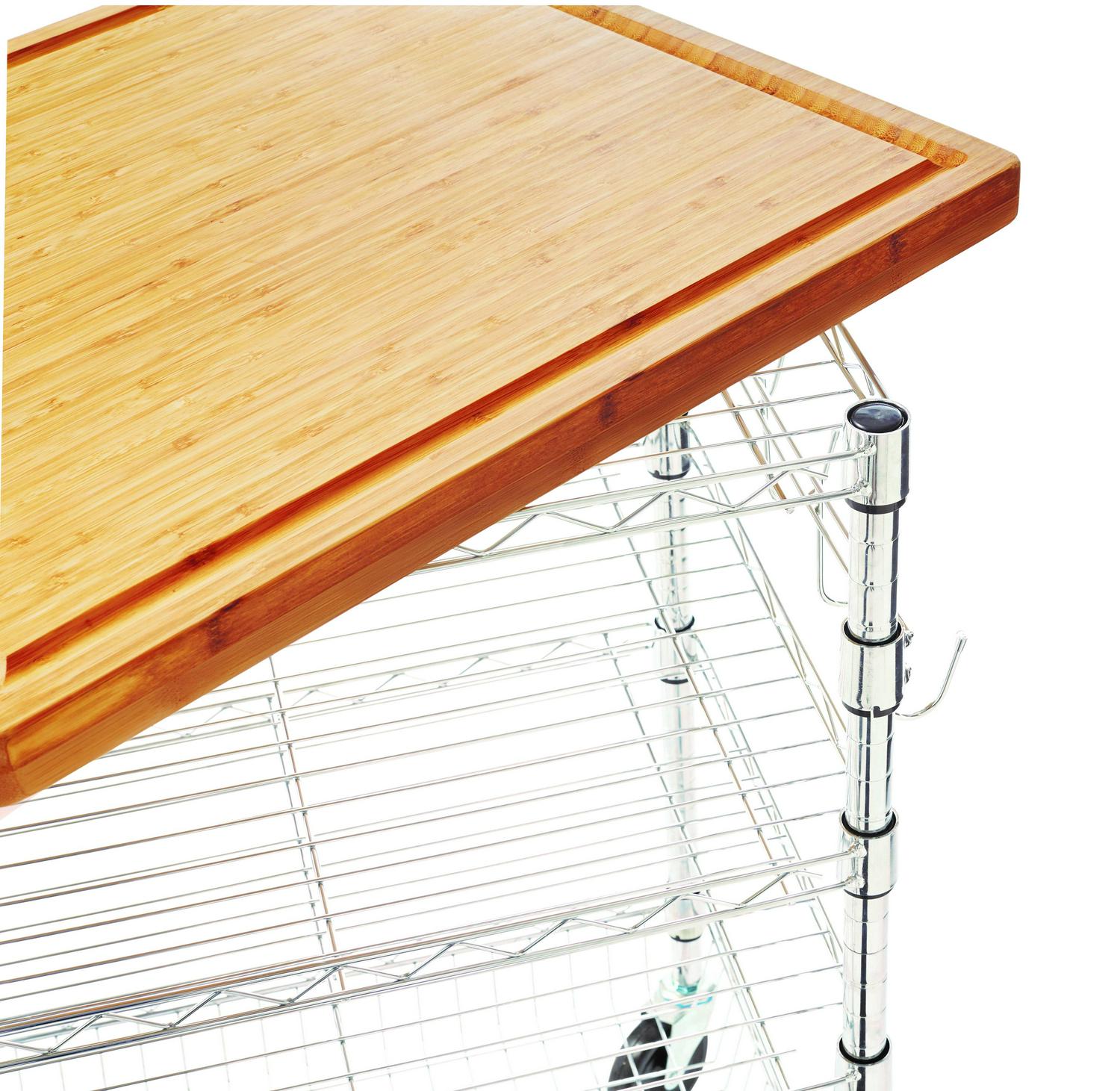 HSS 4 Tier Wire Shelf Cart with Bamboo Top Freestanding， 30.5 W x 22 D x 36.5 H， Chrome