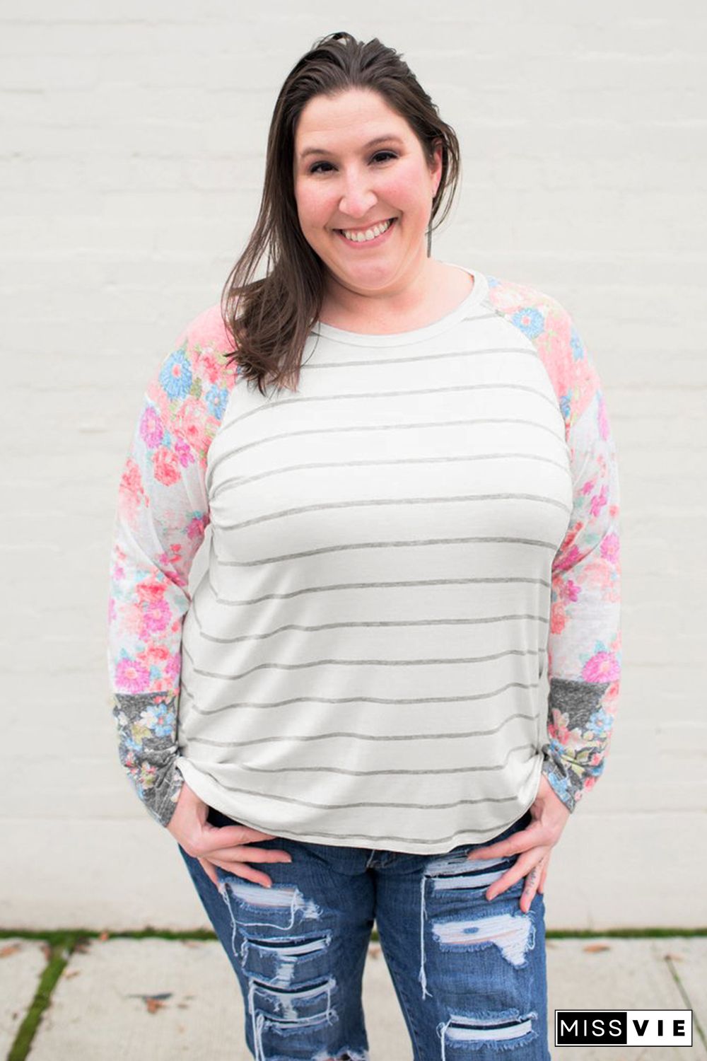 Stripe Print Plus Size Floral Long Sleeve Top