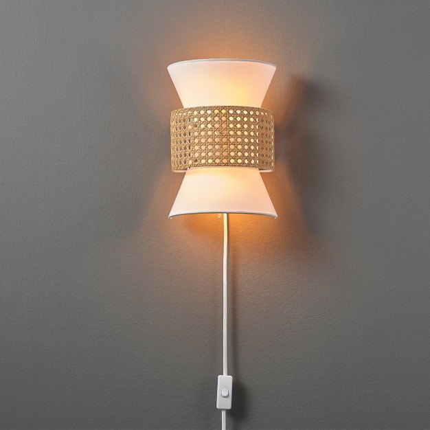 Ayla 2 light Plug in Or Hardwire Wall Sconce With White Fabric Shade And Rattan Accent Globe Electric