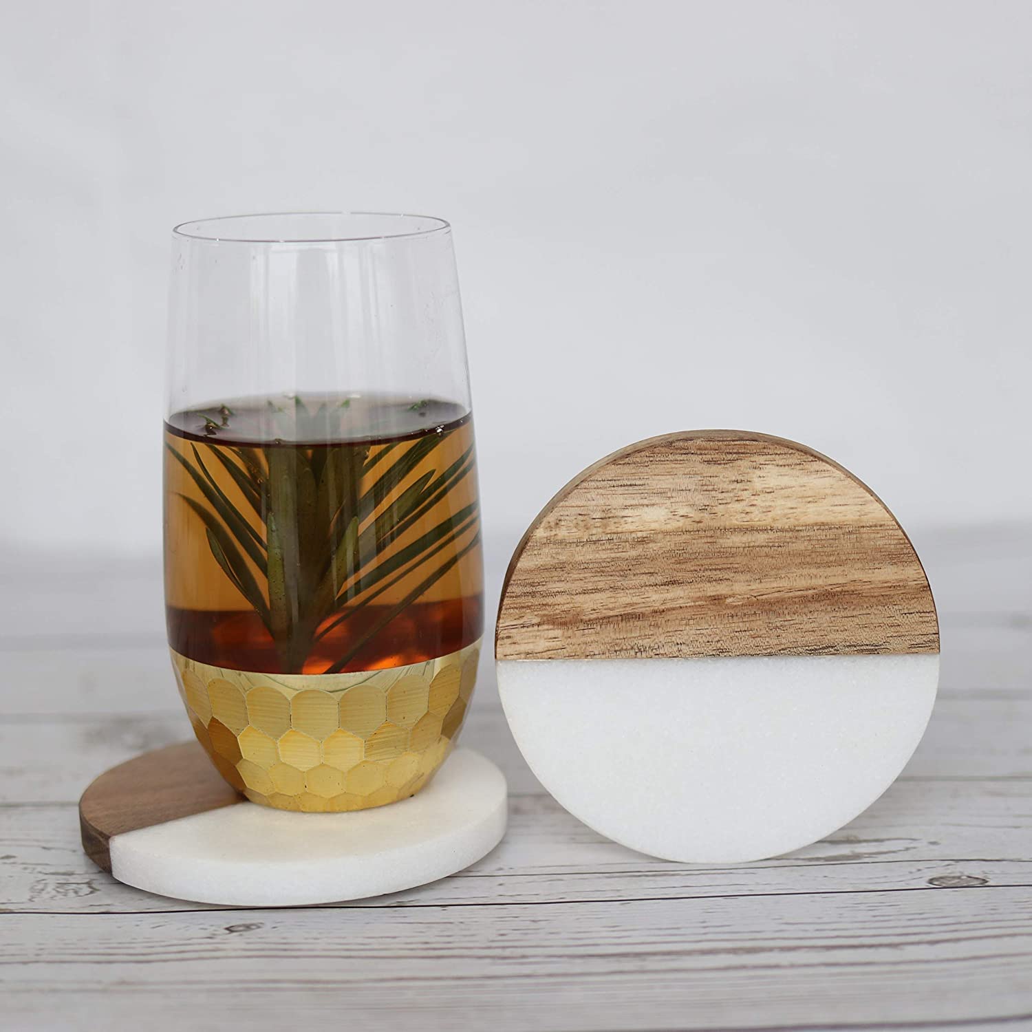 Kauri Natural White Marble Coasters | Set of 4 Half Mango Wood | Round Marble Coasters Set for drinks. Wood and Marble Home Decor | Marble coaster set