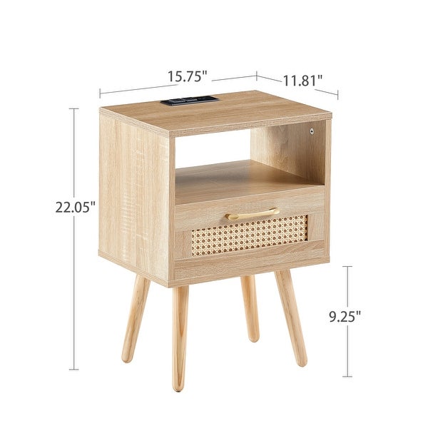 Rectangle MDF Rattan End Table Nightstand Side Table with Power Outlet and USB Ports - 15.75*11.81