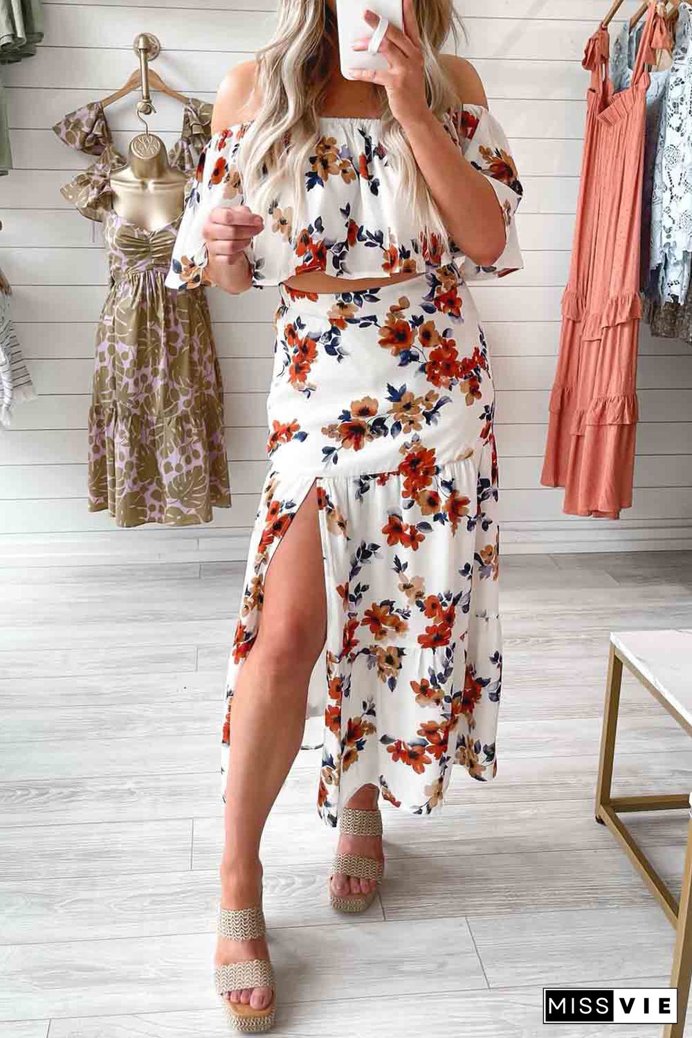 White Floral Print Off-shoulder Crop Top and Maxi Skirt Set