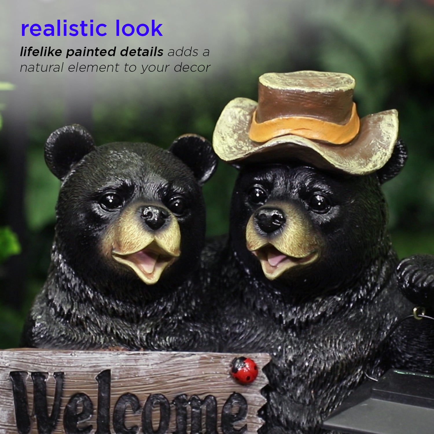 Alpine Corporation Bear Couple with Lantern and Welcome Sign Statue with Solar LED Lights