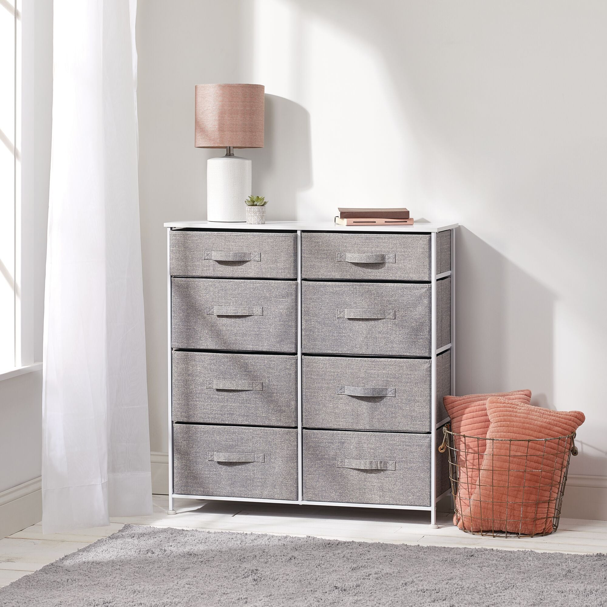 mDesign Tall Steel Frame/Wood Top Storage Dresser Furniture Unit with 8 Slim Removable Fabric Drawers, Large Bureau Organizer for Bedroom, Living Room, Closet - Lido Collection, Gray