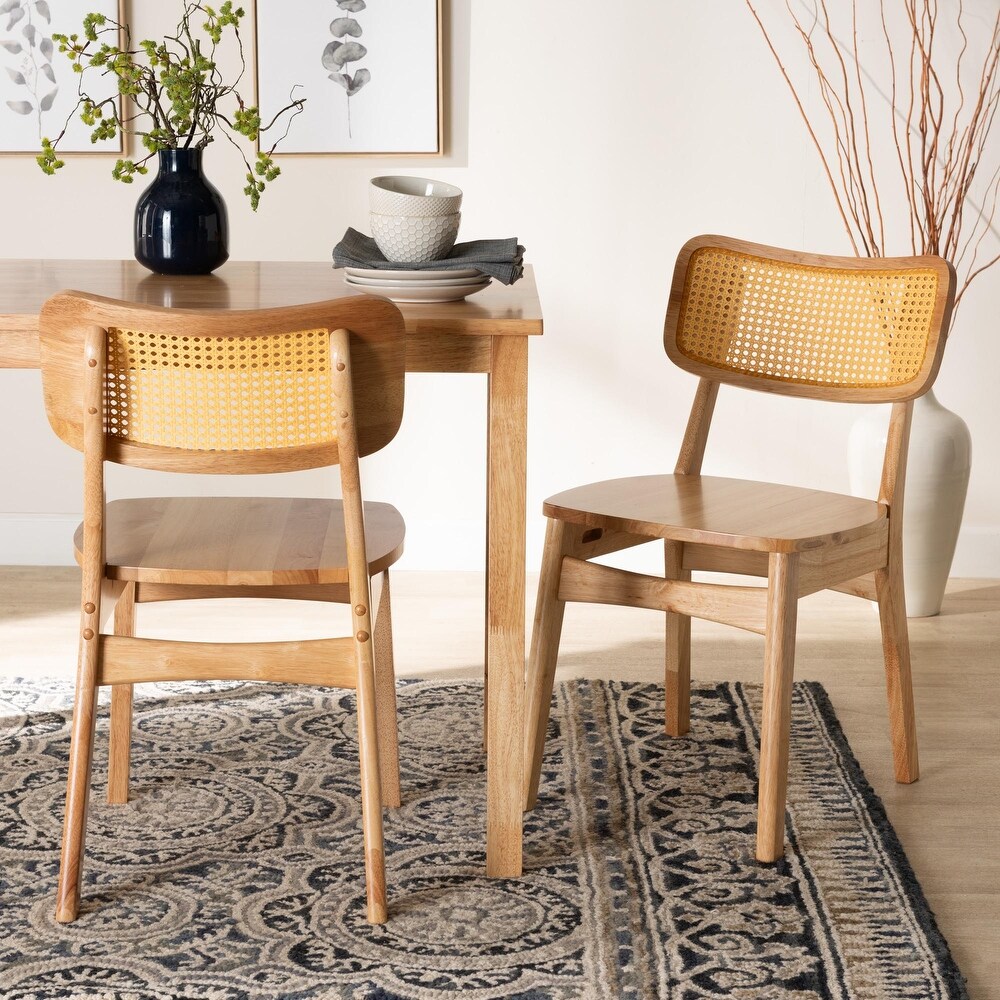 Tadeo Mid Century Modern Oak Brown Finished Wood and Rattan 2 Piece Dining Chair Set