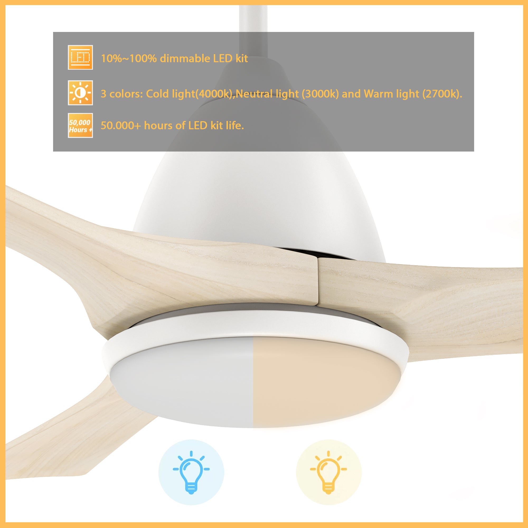 Smaair 52'' 3 Blade Smart Wifi Solid Wood Ceiling Fan with Dimmable LED Light and Remote