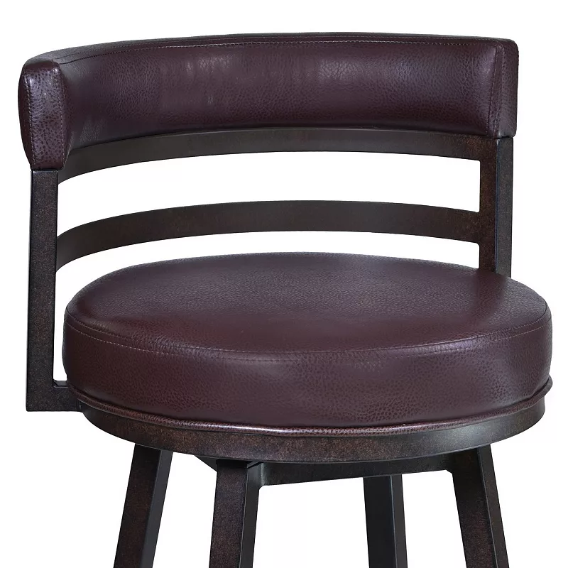 Eva 30 Inch Swivel Bar Stool， Vegan Leather， Curved Back， Auburn Brown