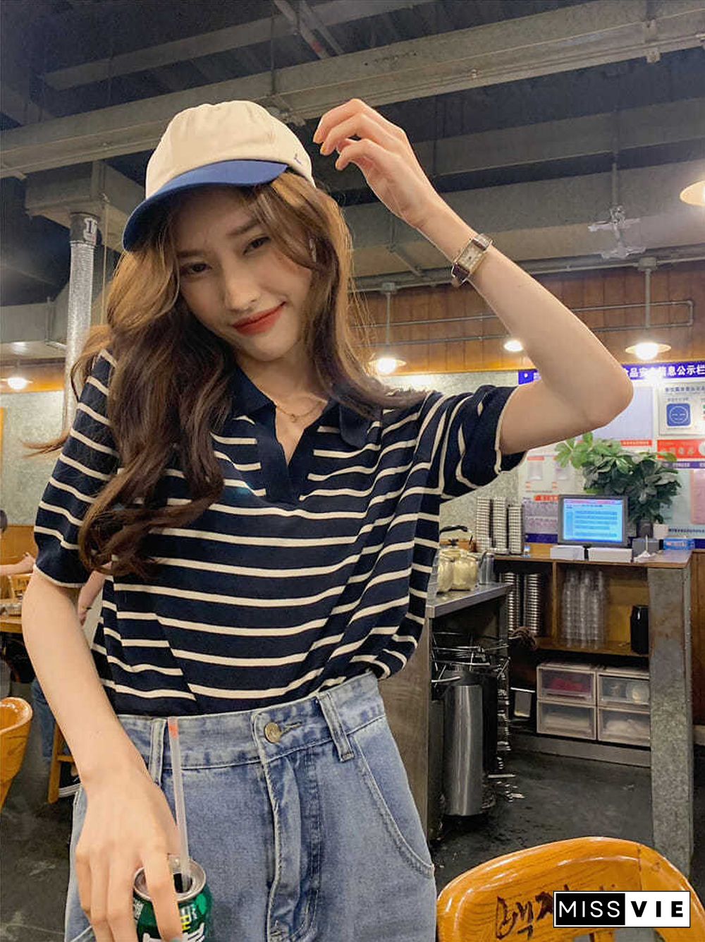 Summer Classic Striped Knit T-Shirts Women Vintage V Neck Short Sleeve BF Tops Ladies Loose Elasticity Tee Female Streetwear2021