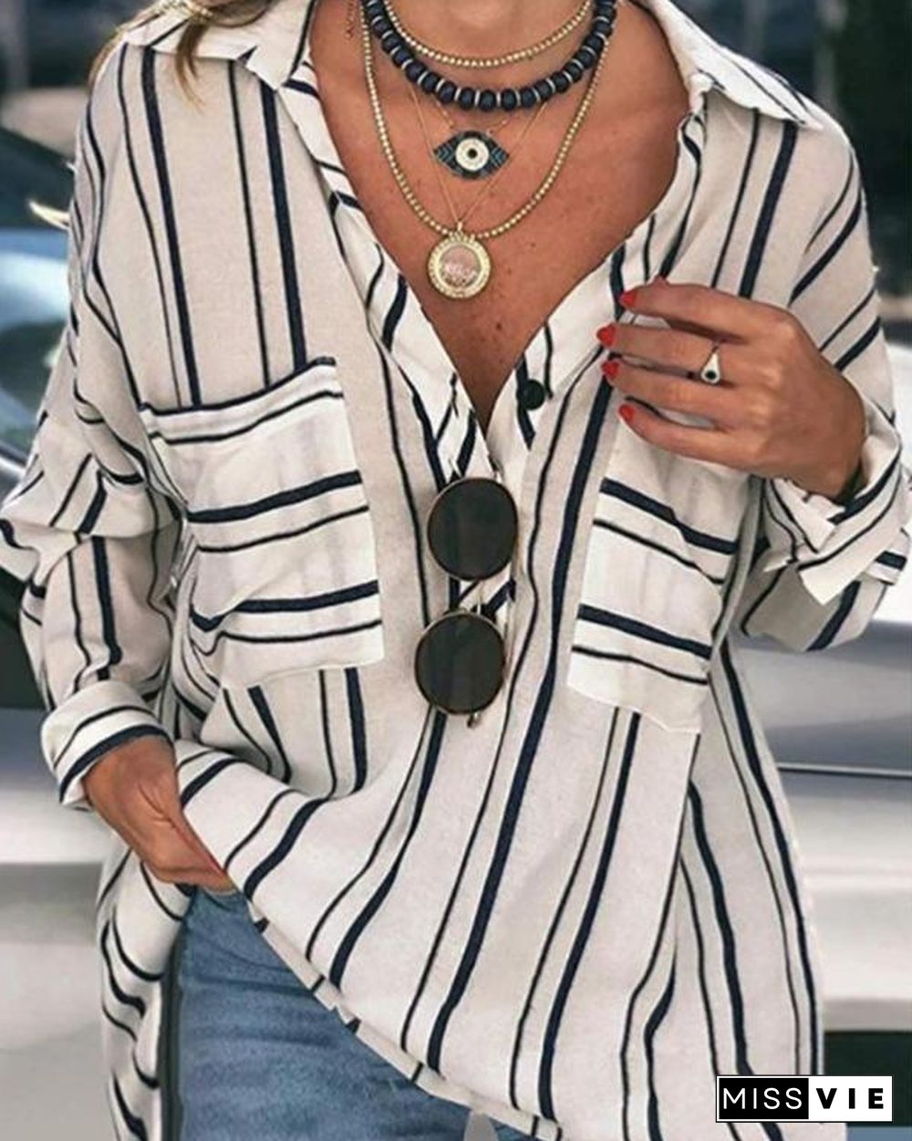 Striped Buttoned Down Plus Size Blouses Shirts