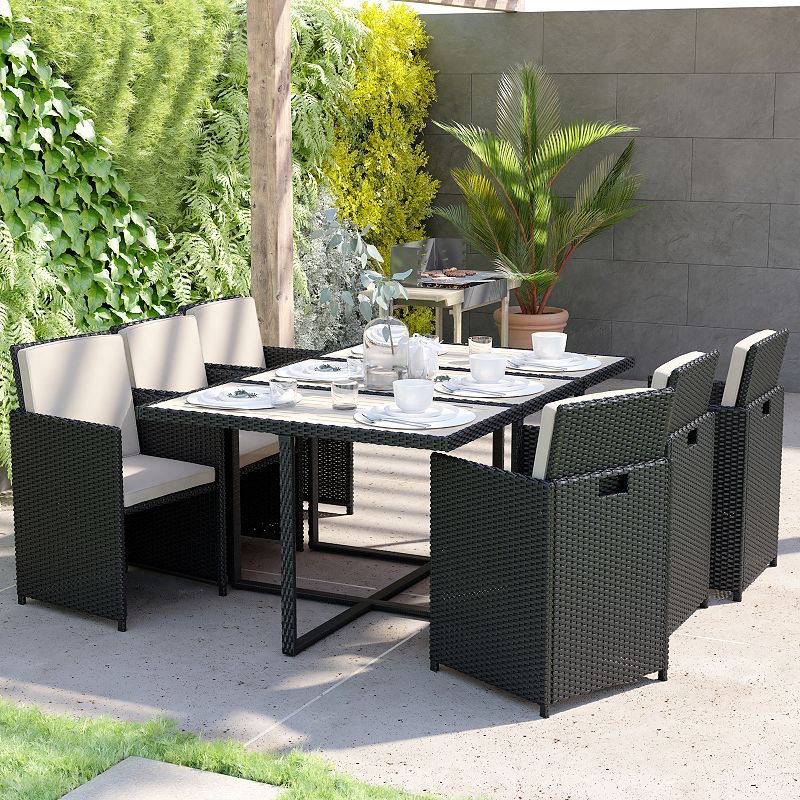 Flash Furniture Peregrine Outdoor Patio Dining Table and Wicker Modular Chairs 7-piece Set