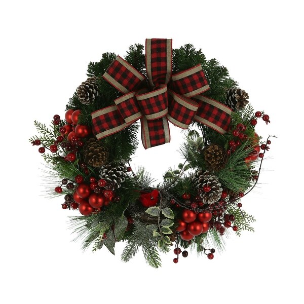 Evergreen Wreath with Large Plaid Bow and Berries