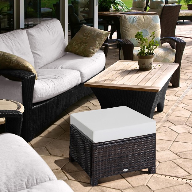 Outdoor Ottoman Pe Plastic Rattan Wicker Fade resistant Patio Footrest With Soft Cushion Steel Frame