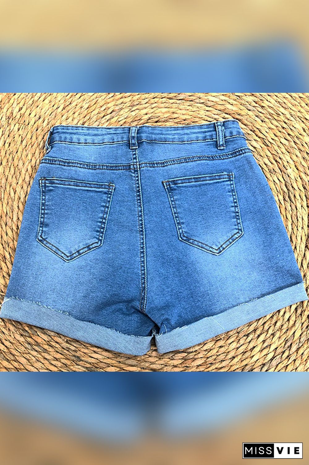 Blue High Waist Single-breasted Ripped Denim Shorts