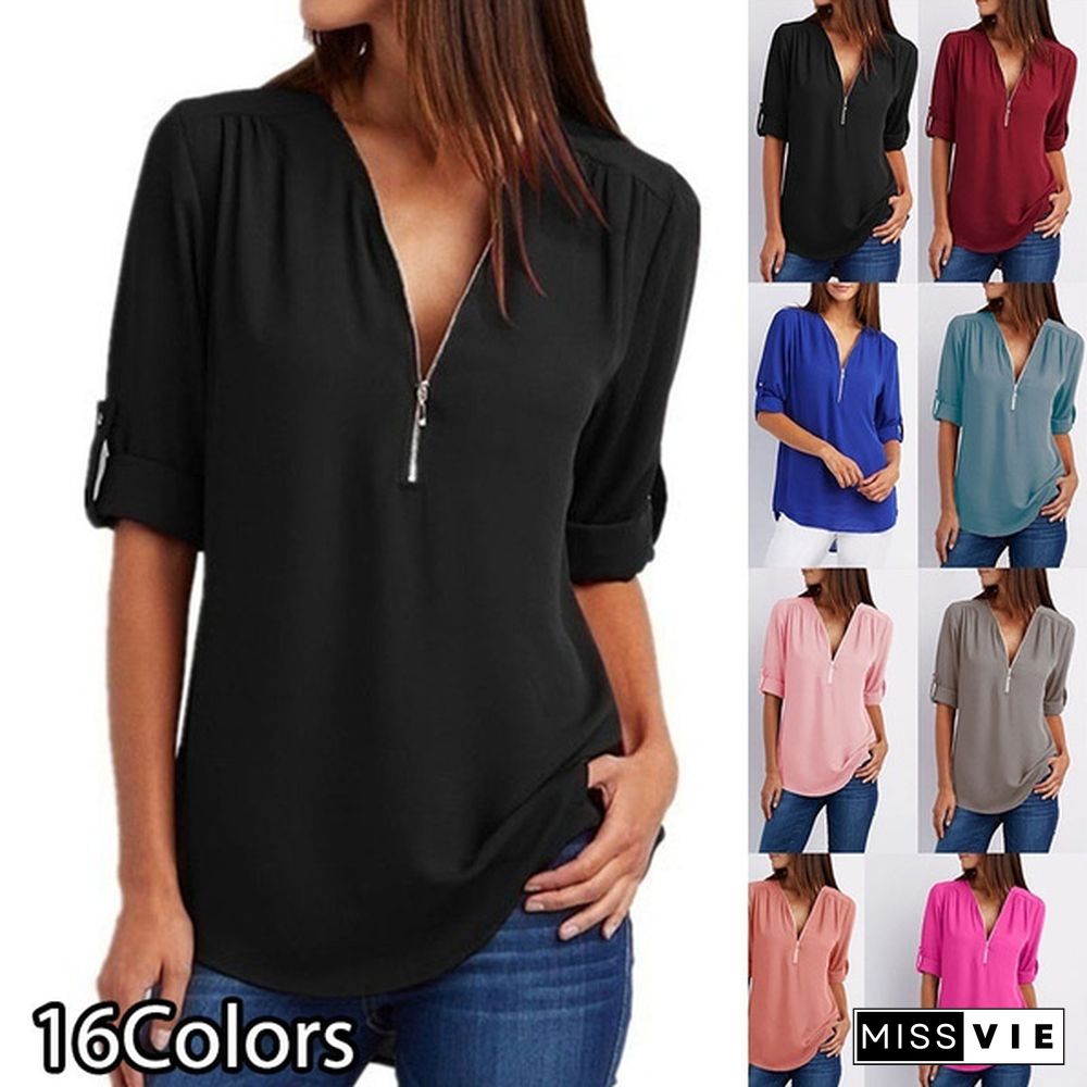 Plus Size Women's Fashion Chiffon Shirt V-neck Long Sleeve Loose Tops Zipper T-Shirt( S-4XL)