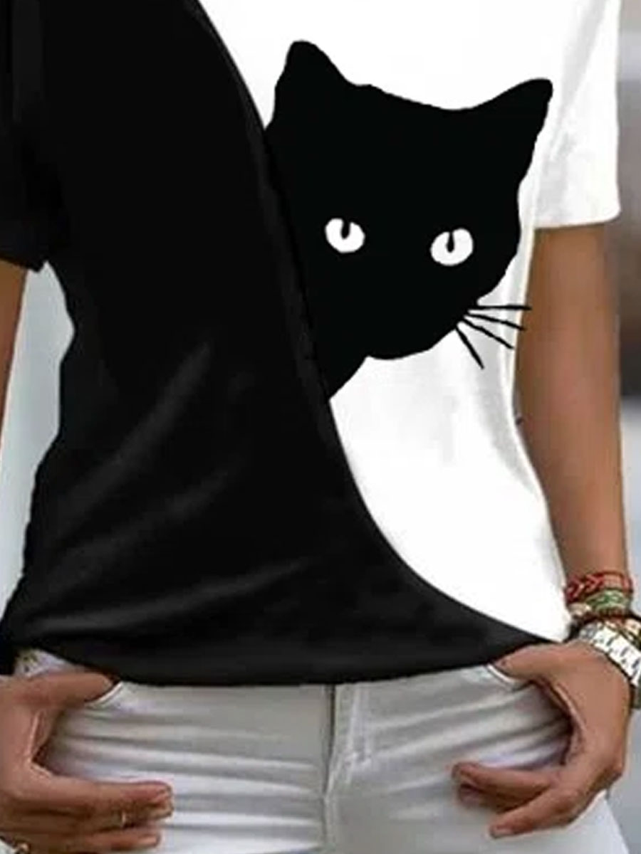 V-neck Casual Loose Cat Print Short Sleeve T-shirt