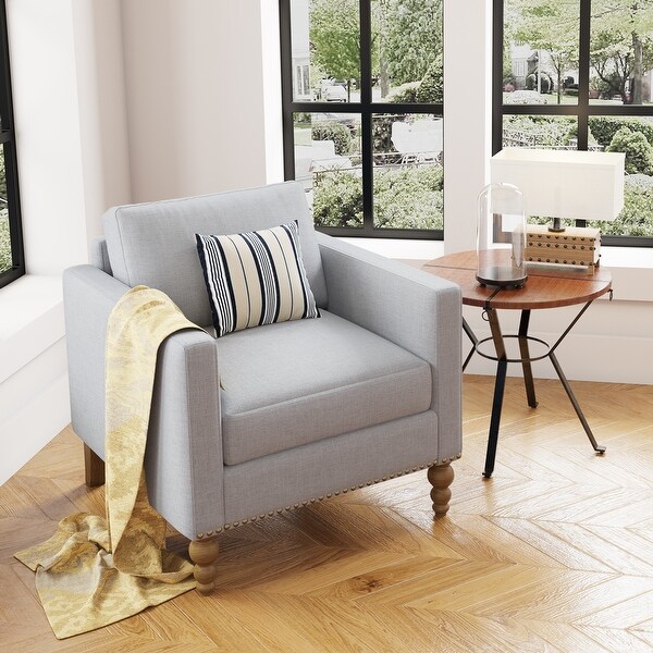 Linen Armchair Accent Chair with Bronze Nailhead Trim Wooden Legs Single Sofa Couch