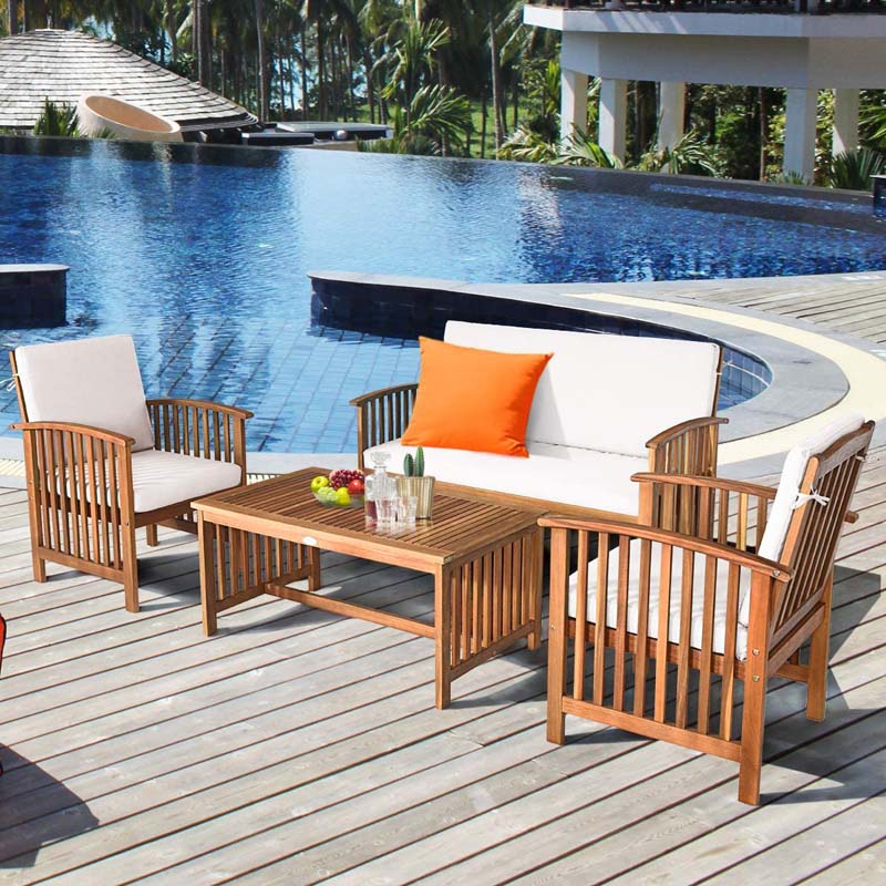 4 Pcs Outdoor Acacia Wood Sofa Set Patio Conversation Furniture Set with Cushions & Coffee Table