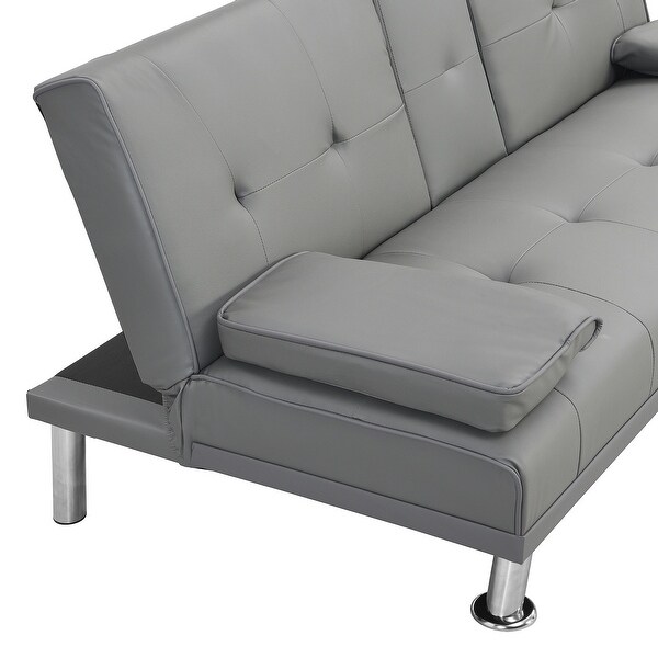 Wood Frame Futon sofa bed with Armrest， two holders