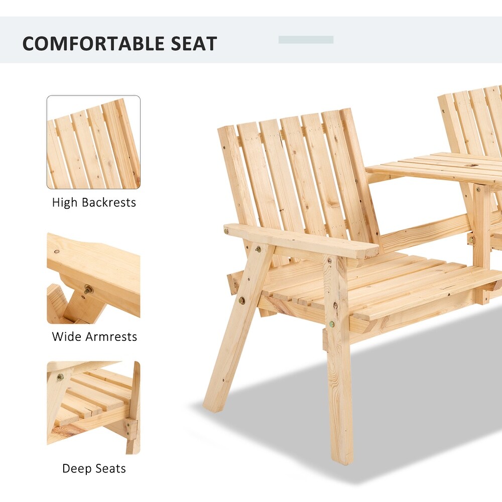 Outsunny Outdoor Patio Wooden Double Chair Garden Bench with Middle Table   Natural Weather Fighting Materials   60\