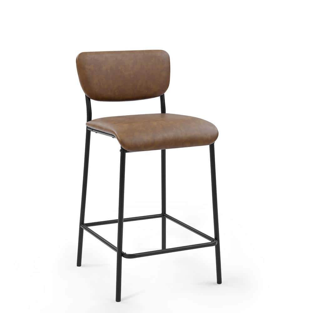 34.50 in. Brown Low Back Metal Bar Stools Dining Chair Counter Stools with Footrest and Faux Leather Seat (Set of 2) HY02010Y