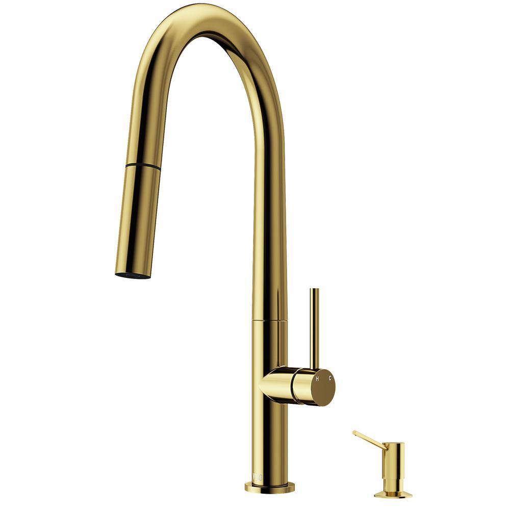 VIGO Greenwich Single Handle Pull-Down Sprayer Kitchen Faucet Set with Soap Dispenser in Matte Brushed Gold VG02029MGK5