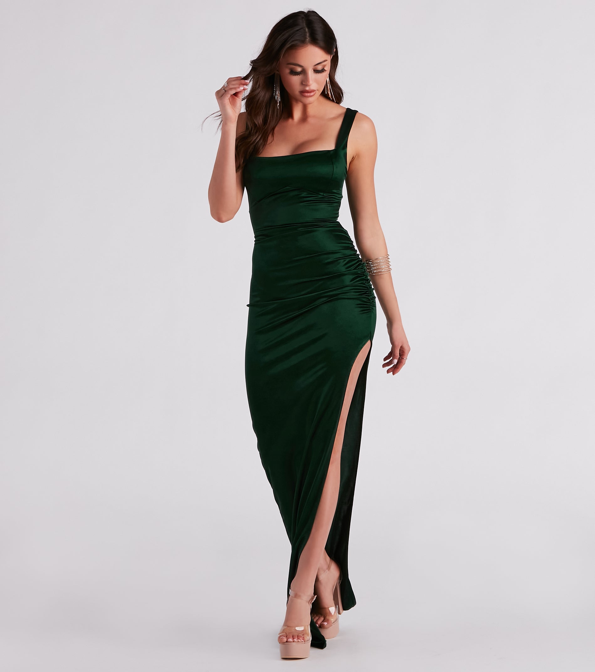 Lia Ruched Satin High Slit Formal Dress