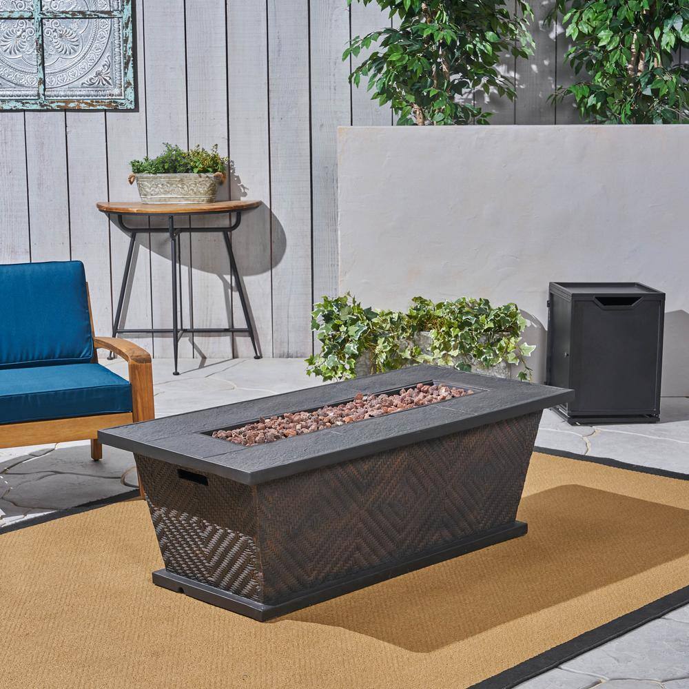 Noble House Meyer 15.75 in. x 22 in. Rectangular Concrete Propane Fire Pit in Brown with Tank Holder 65857