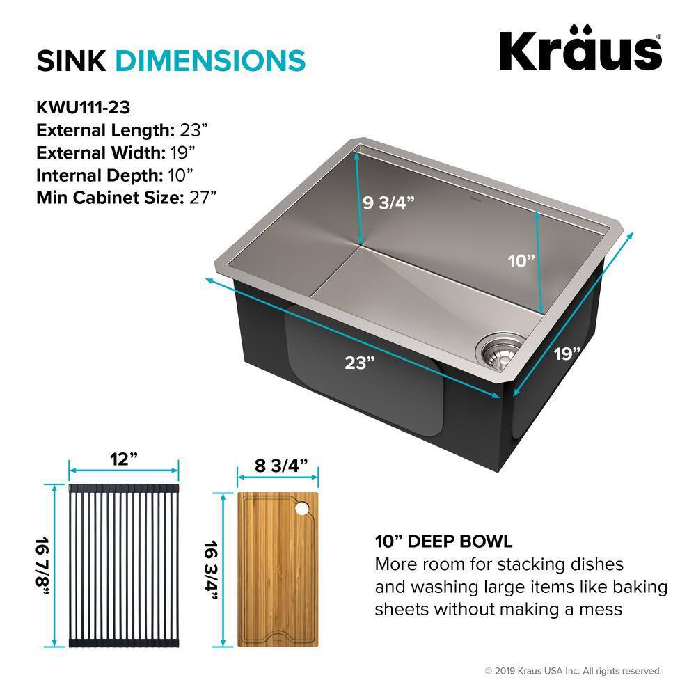 KRAUS Kore Workstation Undermount Stainless Steel 23 in. Single Bowl Kitchen Sink wIntegrated Ledge and Accessories KWU111-23