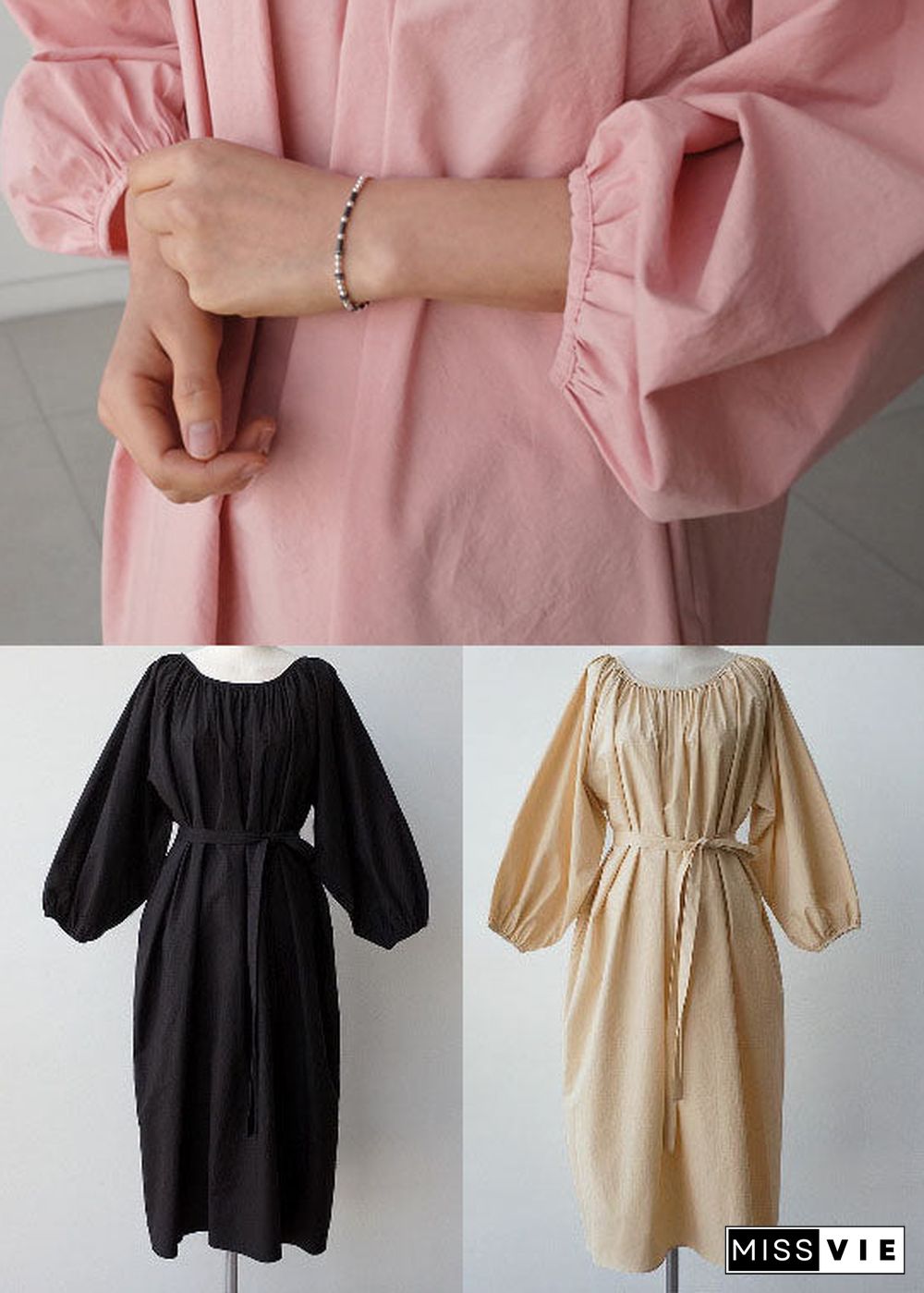 Pink Cotton O-Neck wrinkled Maxi Dress Three Quarter sleeve