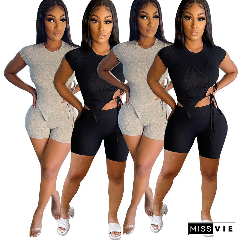 Solid Bodycon Women Short Sleeve O Neck Irregular Bandage Crop Top Biker Shorts Two Piece Set