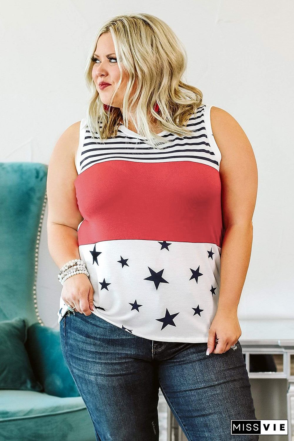 Patriotic Stripes Stars Print Sleeveless Plus Size Top