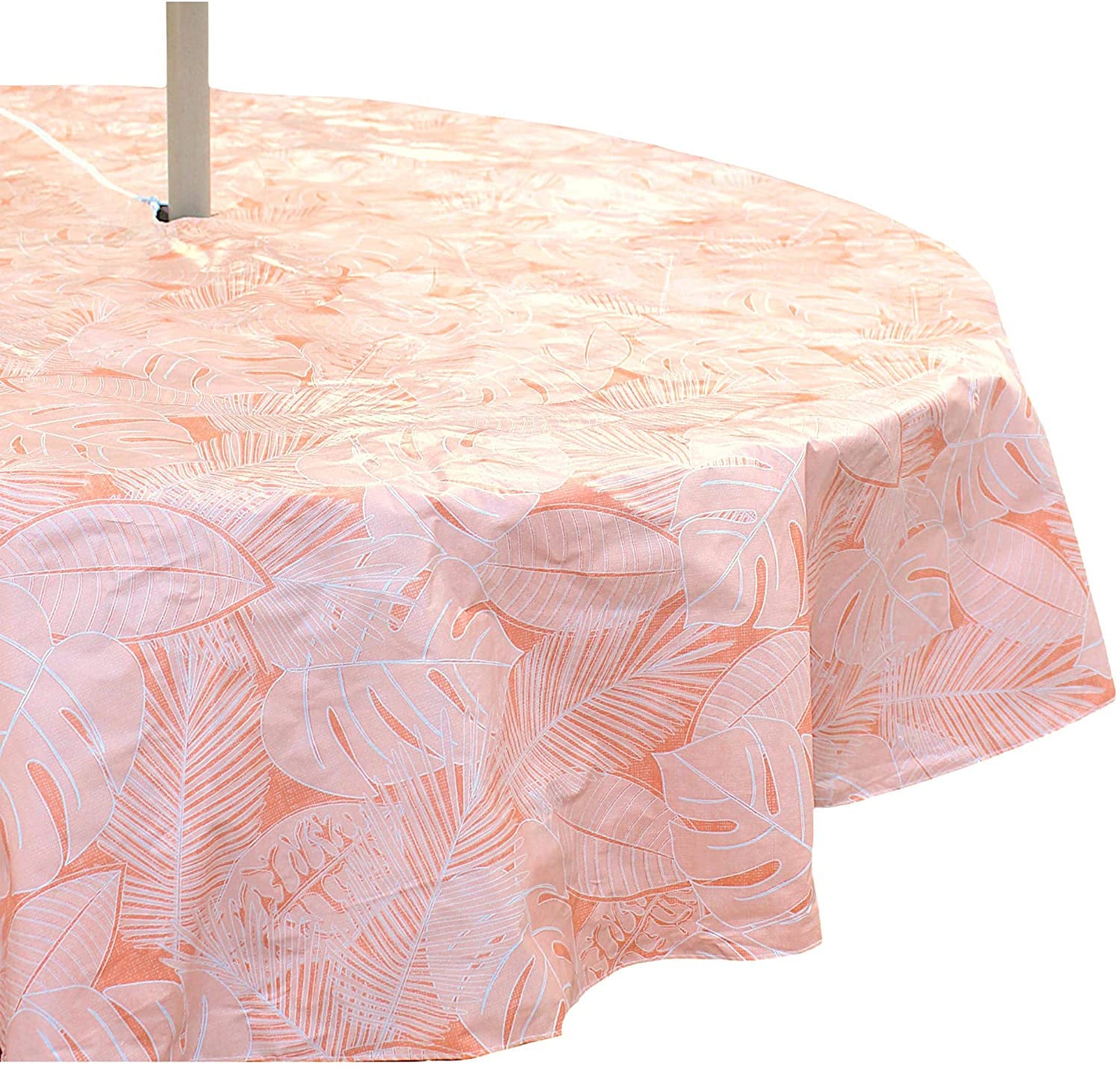 Outdoor Summer Palm Leaf Sketch Patio Table Umbrella Vinyl Tablecloth, Umbrella Hole with Zipper, 70" Diameter Round