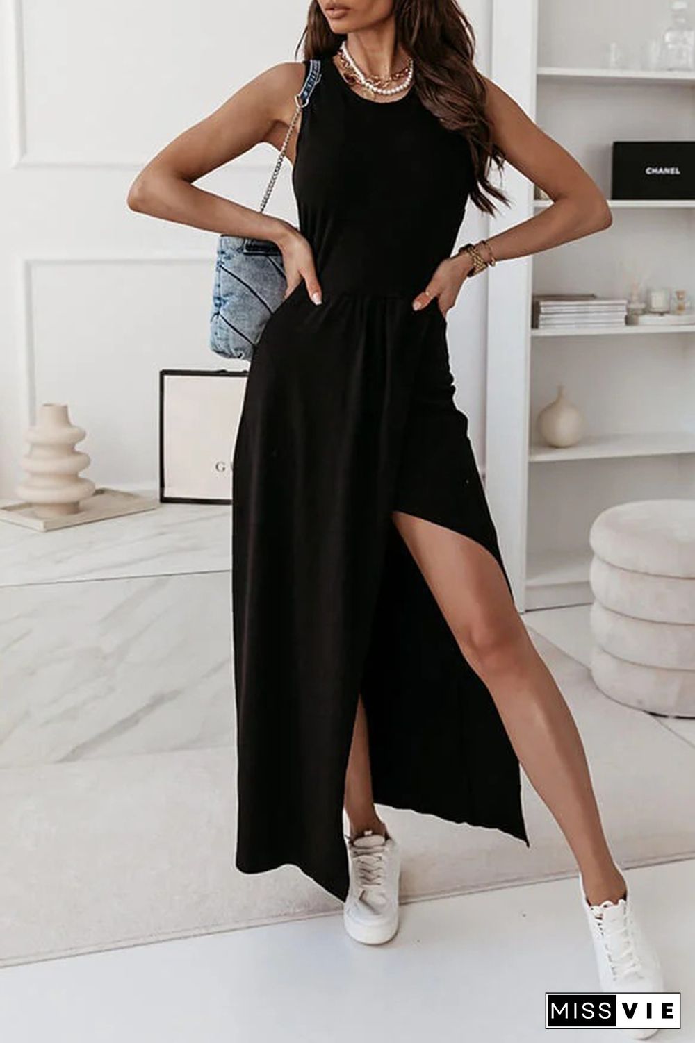 Casual Solid Fold O Neck Irregular Maxi Dresses