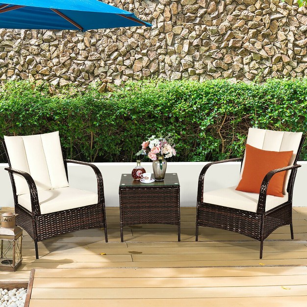 Costway 3 Pcs Patio Rattan Furniture Set Coffee Table amp 2 Rattan Chair W white Cushions