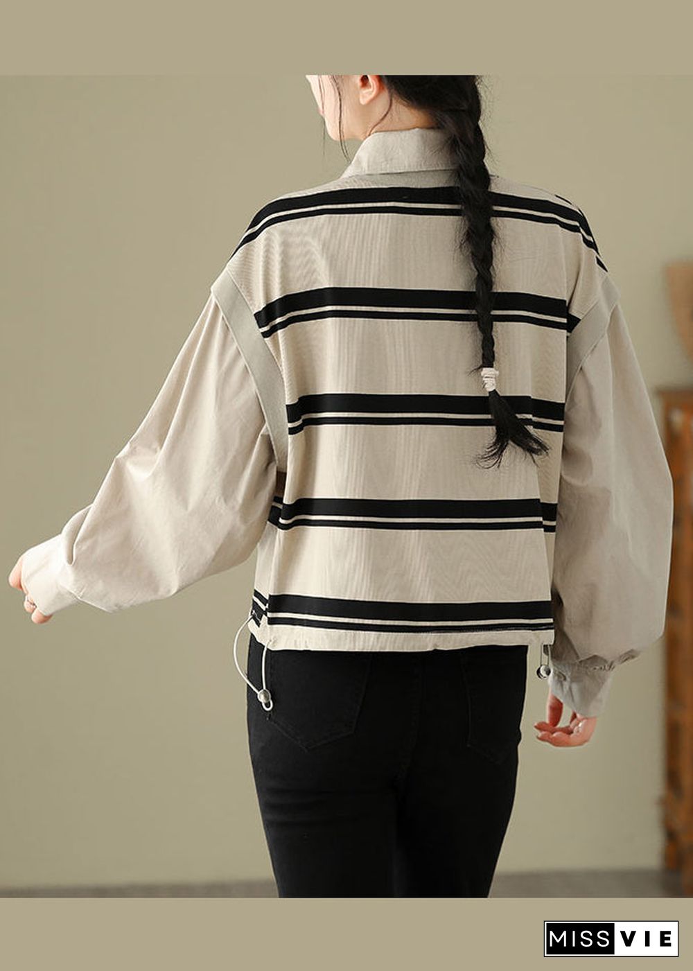 Apricot Striped Patchwork Cotton Shirt False Two Pieces Fall