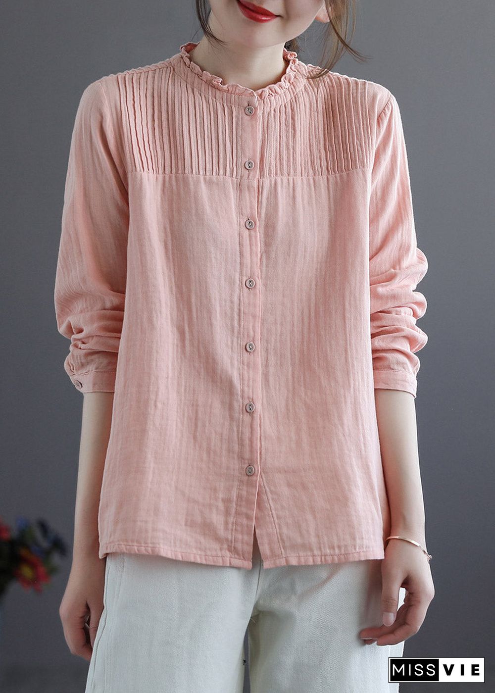 Chinese Style Pink Stand Collar Patchwork Wrinkled Button Cotton Shirts Long Sleeve