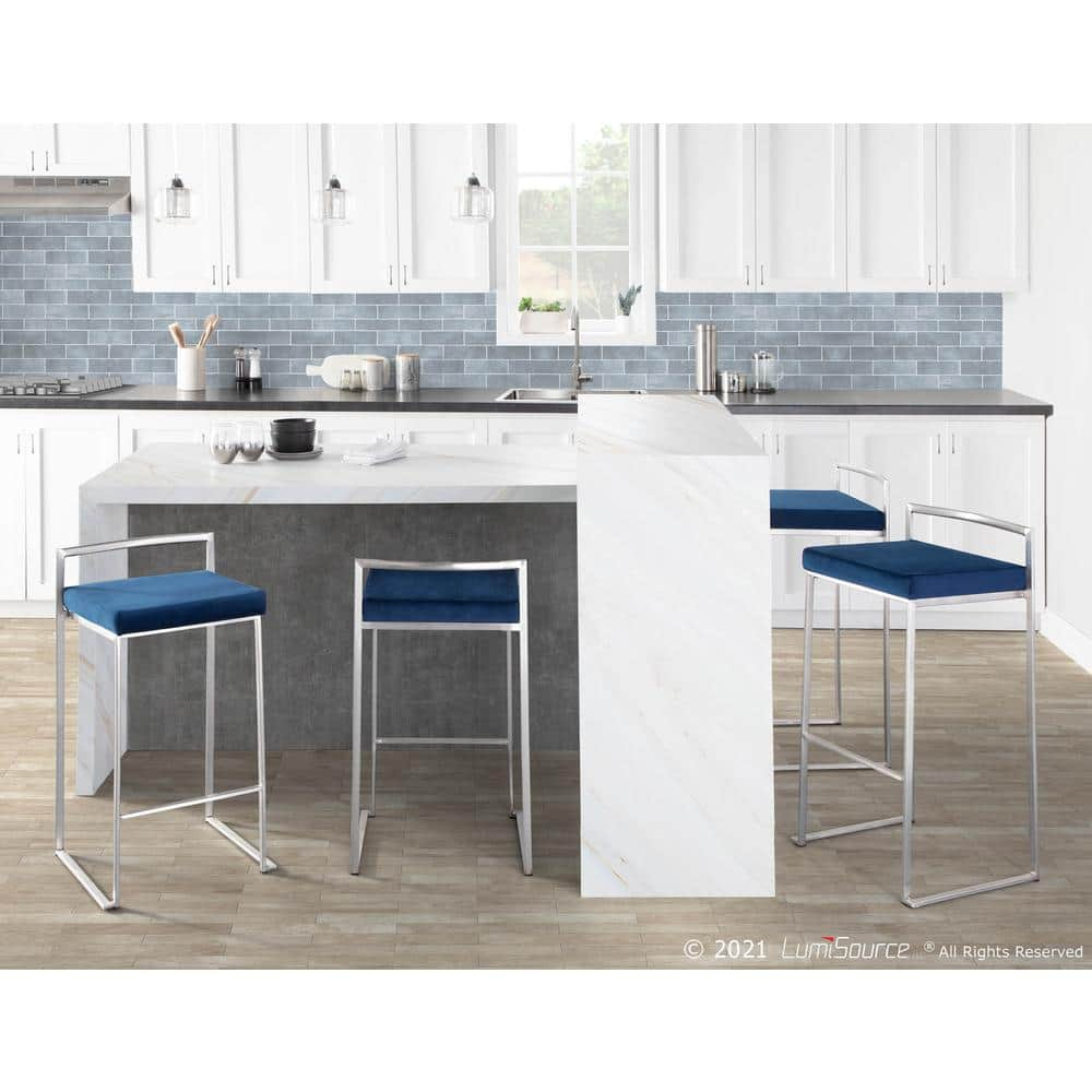 Lumisource Fuji 30 in. Stainless Steel Bar Stool with Blue Velvet Cushion (Set of 2) B30-FUJI VBU2