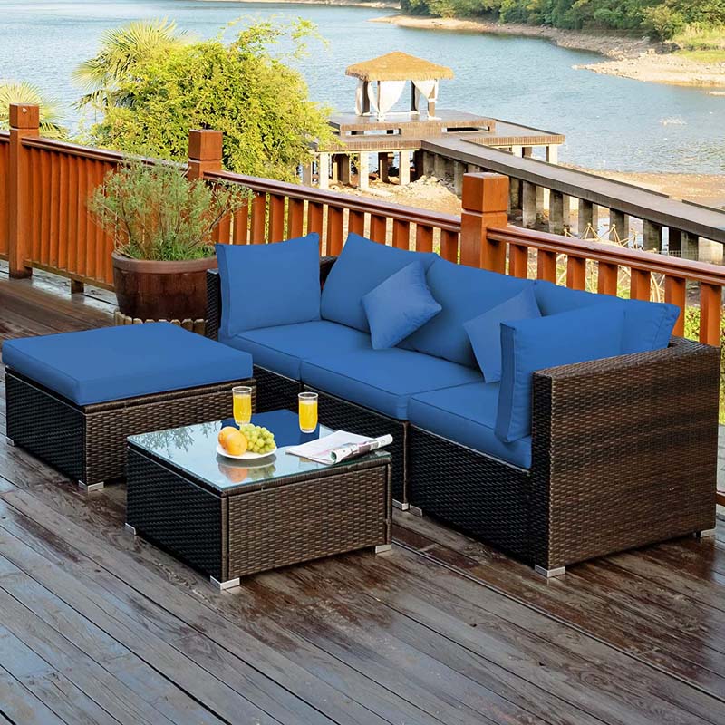 5 Pcs Outdoor Patio Rattan Furniture Sectional Sofa Set Wicker Conversation Set with Cushions