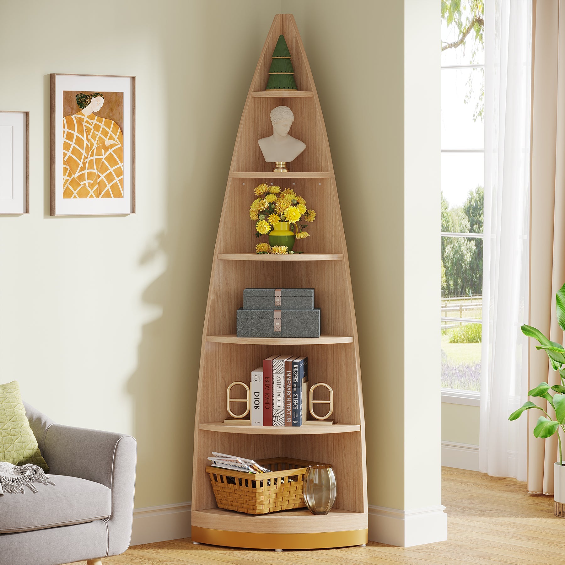 6-Tier Corner Shelf, 71  Corner Bookshelf Freestanding Wood Bookcase