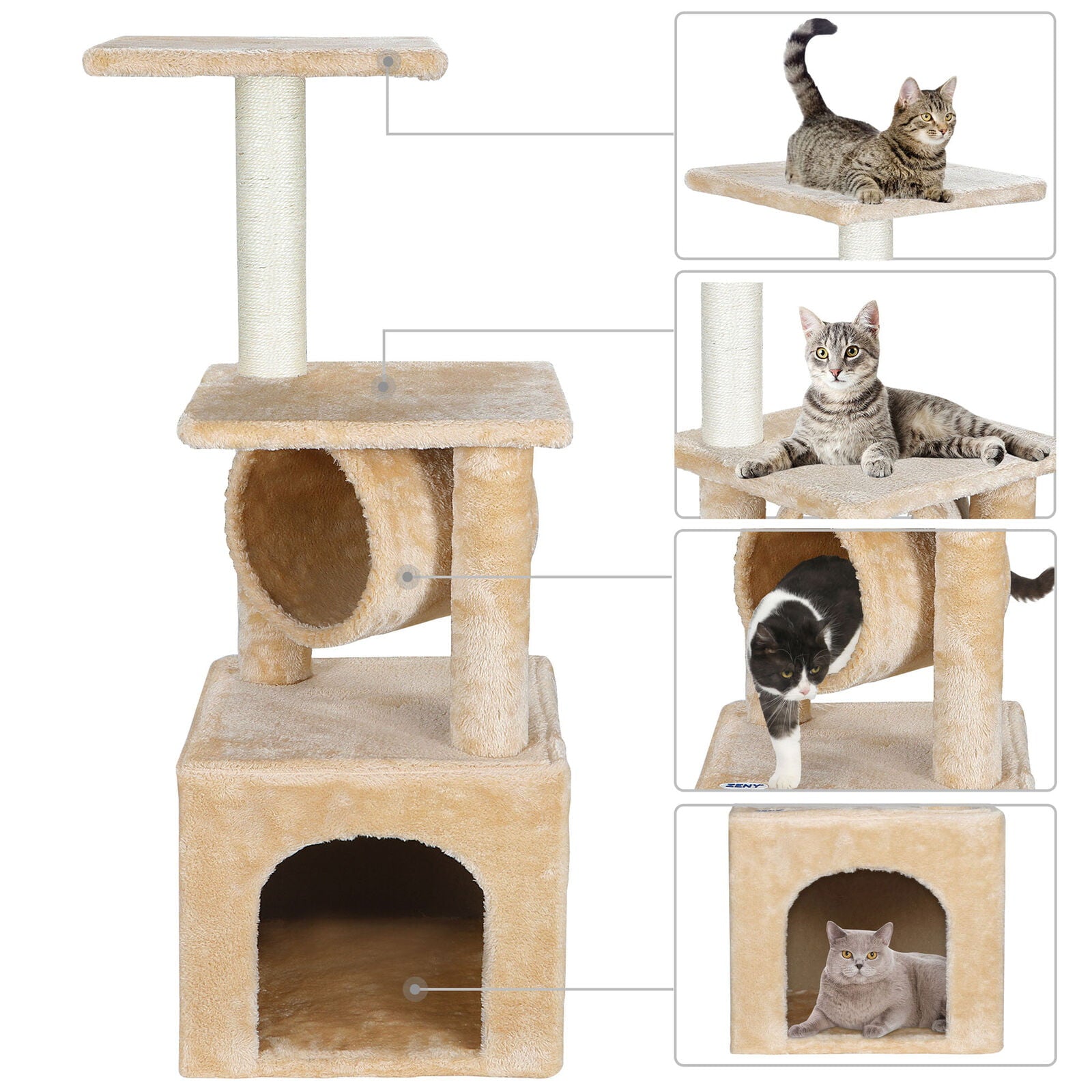 ZENY 36-in Cat Tree and Condo Scratching Post Tower， Beige