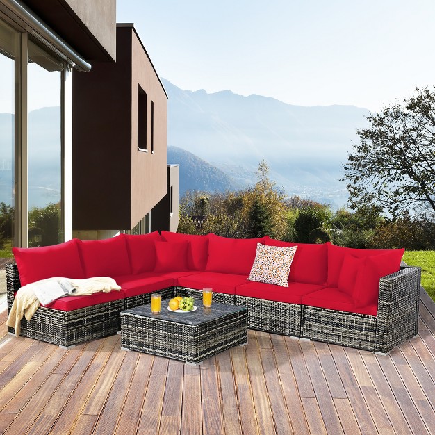 Costway 7pcs Patio Rattan Furniture Set Sectional Sofa Garden Red Cushion