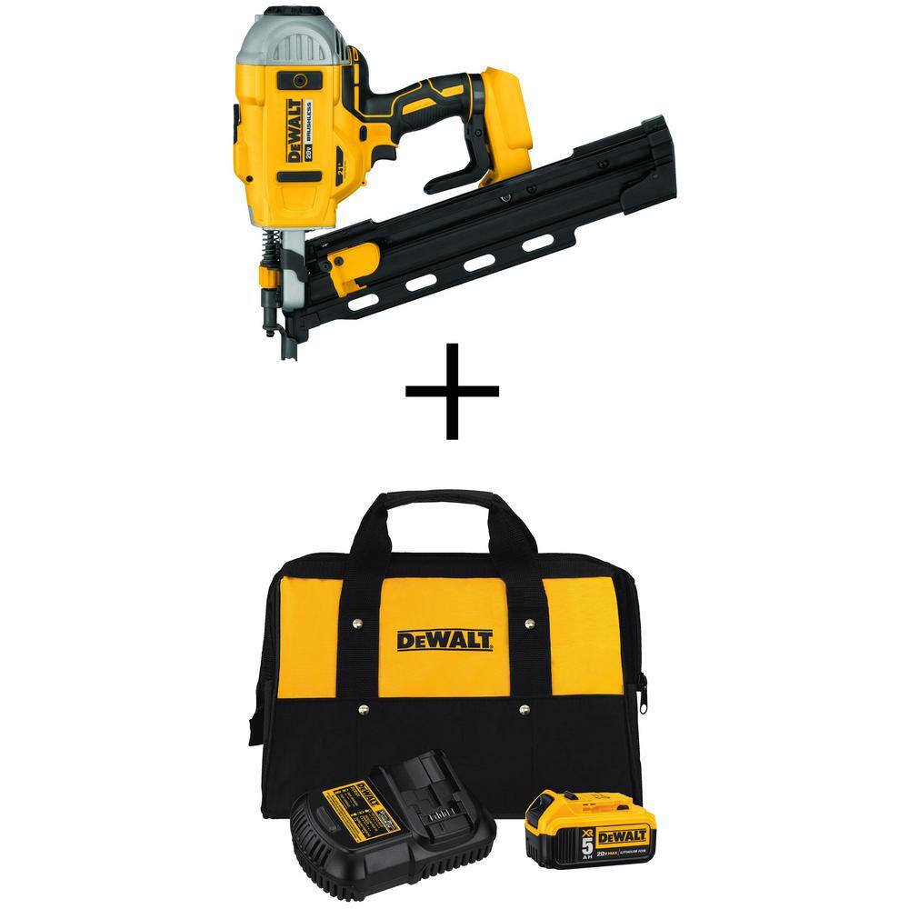 DW 20V MAX XR Lithium-Ion 21-Degree Cordless Framing Nailer with 5.0Ah Battery Pack and Charger DCN21PLBW205CK