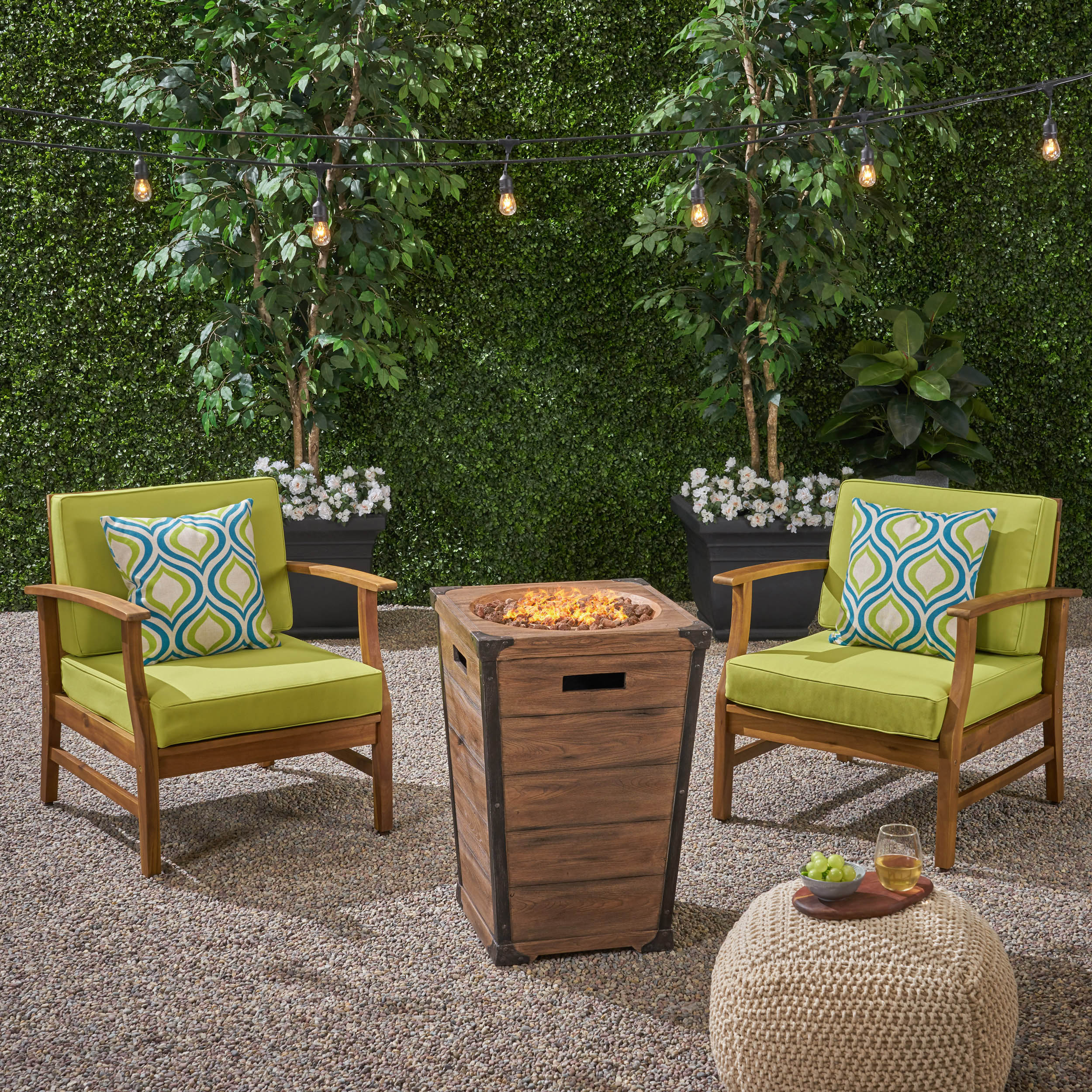 Capri Outdoor 2 Piece Acacia Wood Club Chair Set with Cushions and Fire Column