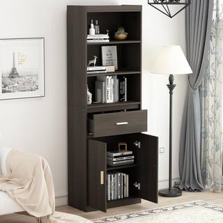 FUFUGAGA 70.8 in. H Coffee Brown Wood 3-Shelf Bookcase Bookshelf With 2-Door Cabinet and Drawer KF200127-01-KPL