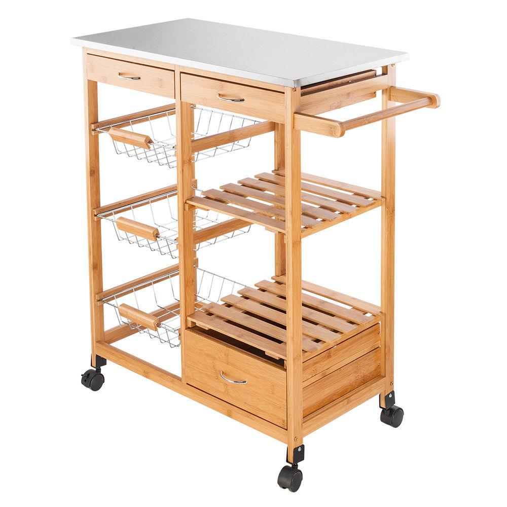 Ktaxon Wood Kitchen Trolley Cart Stainless Steel Top Rolling Storage Cabinet Island