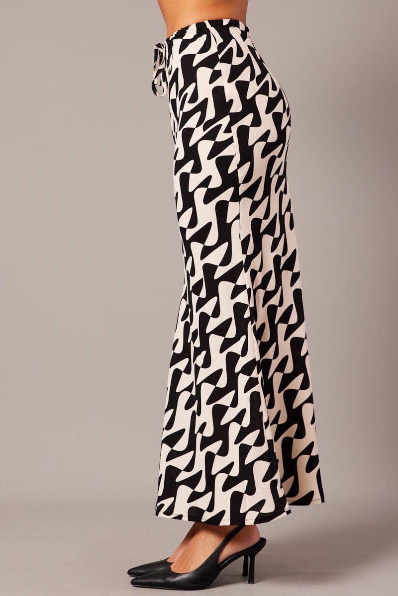 Black Geo Slip Skirt Maxi Drawstring Waist
