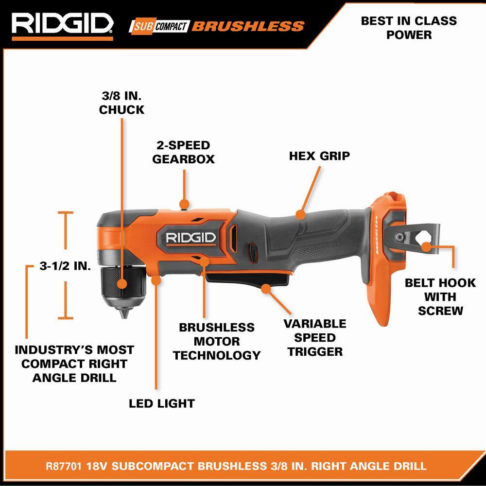 RIDGID 18V MAX Output Kit with 4.0 Ah MAX Output Battery 2.0 Ah Battery Charger  18V SubCompact Brushless Right Angle Drill AC8400240SB-R87701B