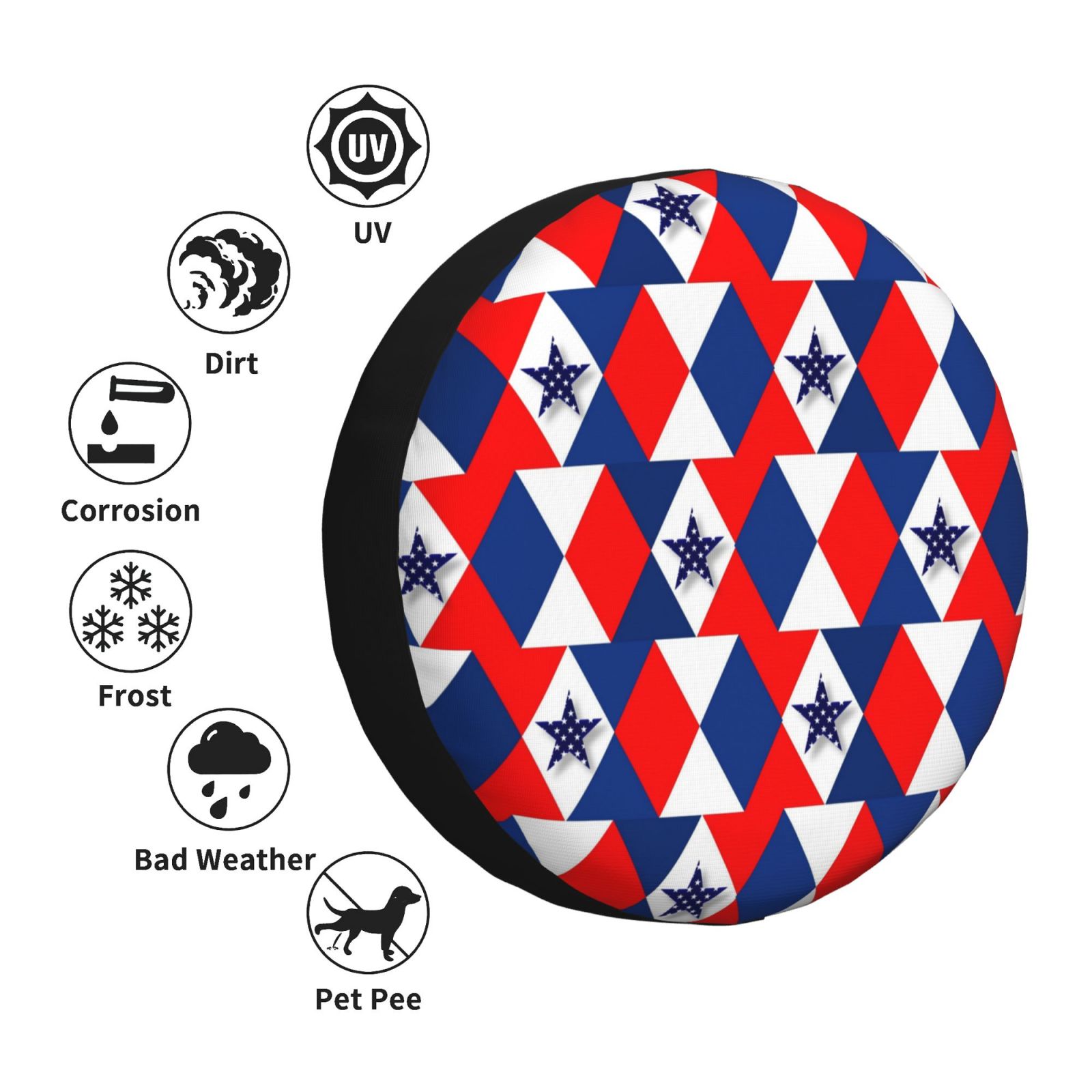 DouZhe Waterproof Spare Tire Cover， Patriotic Red White Blue 3D Stars Prints Adjustable Wheel Covers Fit for Jeep Trailer RV SUV Car， 14 inch