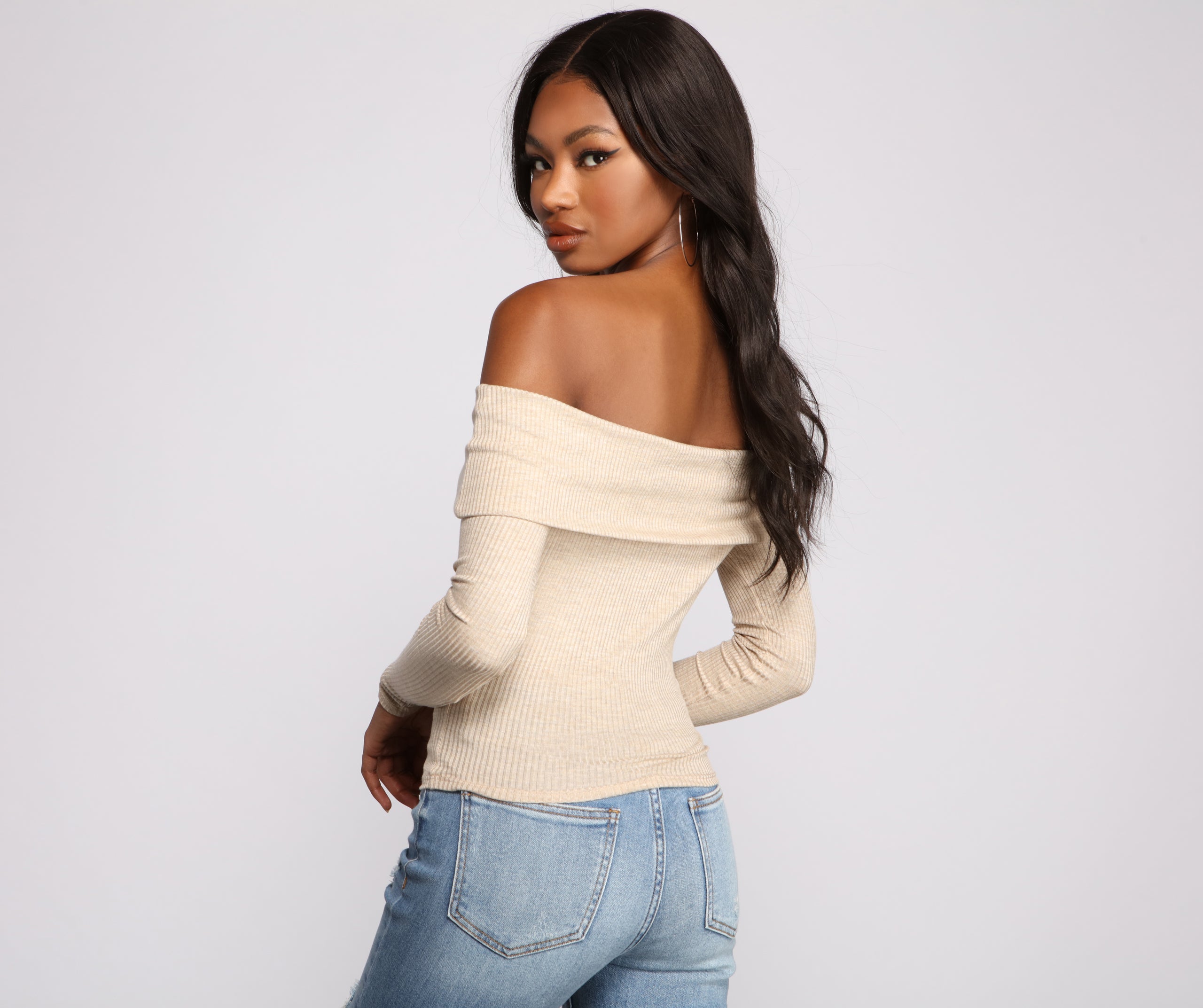 Ribbed Off The Shoulder Fold-Over Top