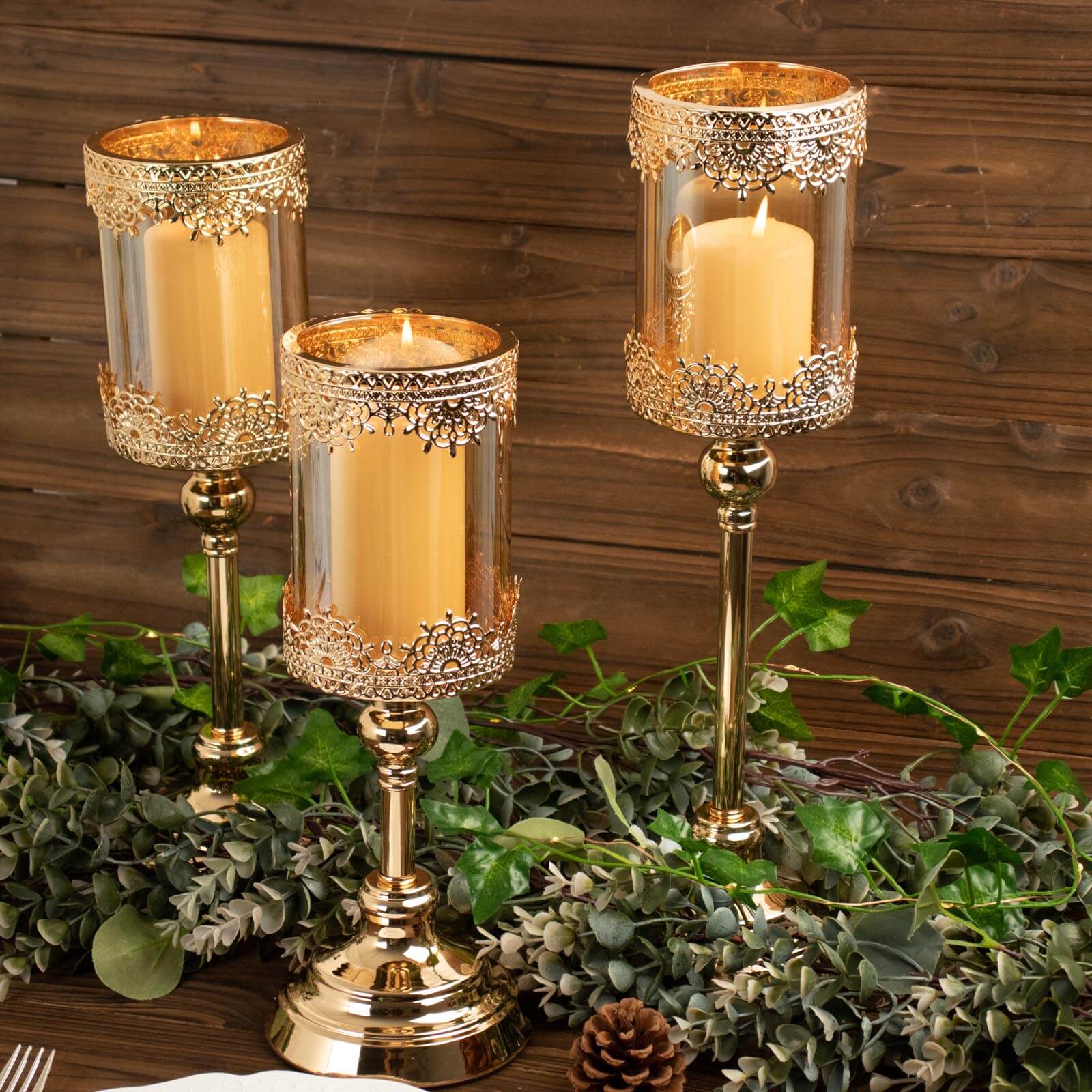 Set of 3 Antique Gold Lace Design Votive Candle Stands, Hurricane Glass Pillar Candle Holders 13